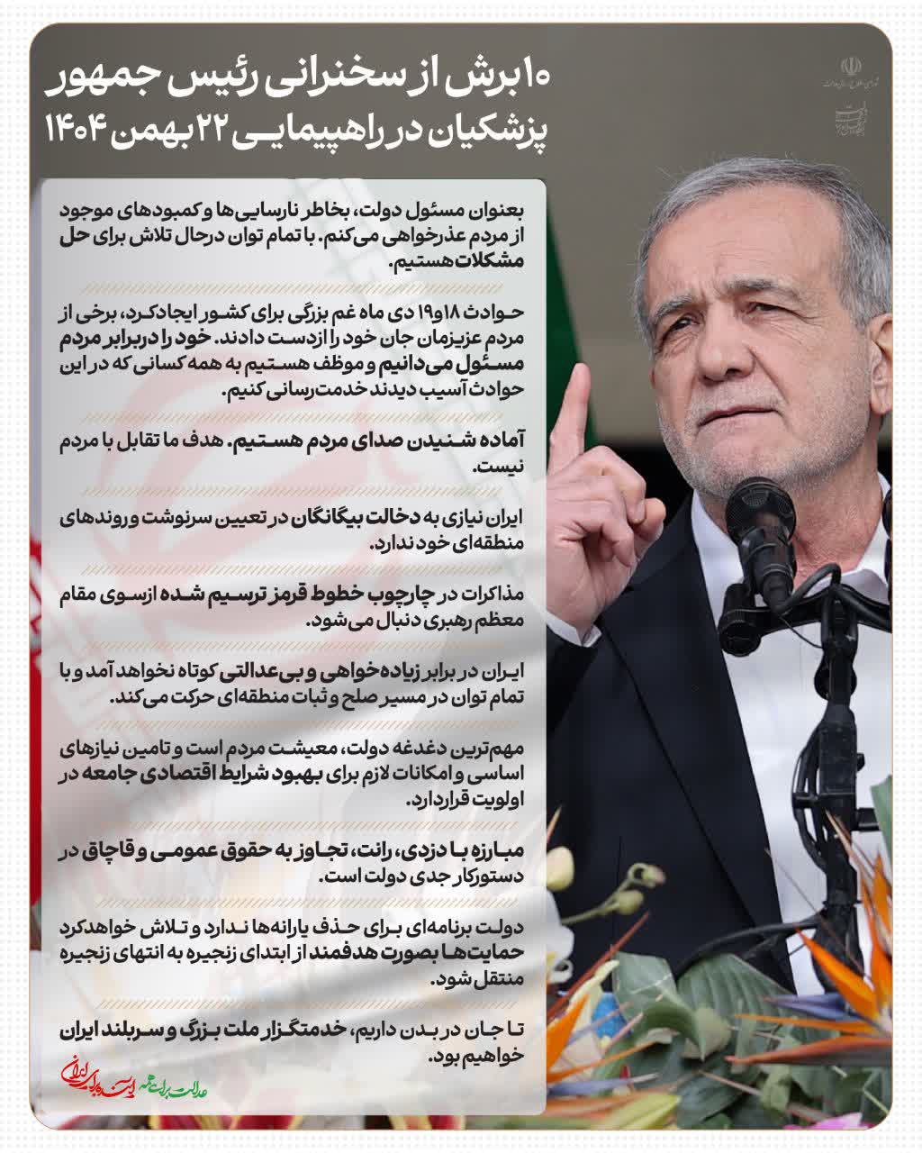 10 برش از سخنرانی رئیس‌جمهور پزشکیان در راهپیمایی 22 بهمن